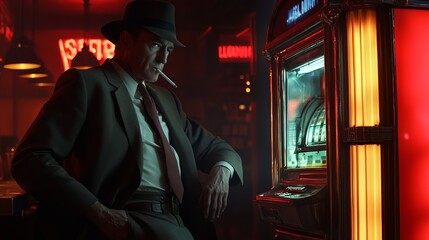 A man in a fedora and suit leans against a vintage jukebox in a dimly lit bar.