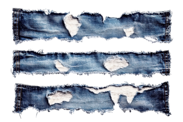 Close-up of distressed denim fabric with visible rips and textures, perfect for fashion and material background.