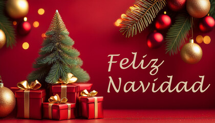 Tarjeta de felicitación navideña con abeto y regalos rojos y dorados