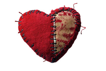 Handmade fabric heart with red and beige patches, showing unique stitching as an artistic representation of love and creativity.