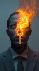 Un homme en costume chemise sur fond gris dont la t&ecirc;te br&ucirc;le comme une allumette : all&eacute;gorie du burn out en entreprise et dans le monde du travail