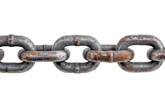 Close-up of a rusted chain link showing detailed texture and weathering, symbolizing strength, connection, and industrial history.