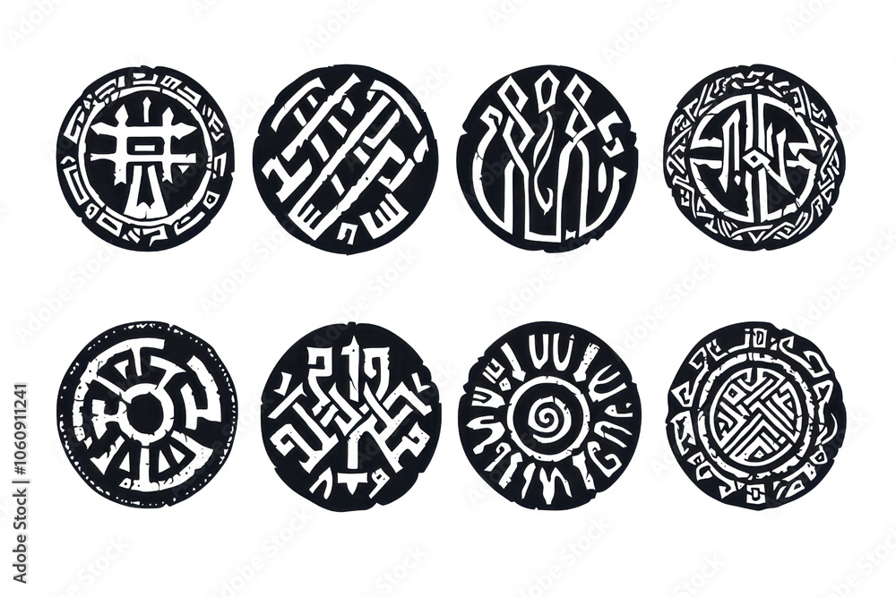 Poster intricate maze patterns in black and white circular designs creating a complex visual effect, perfec