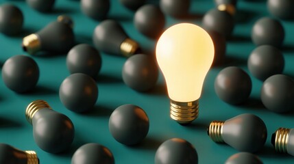 Illuminated Innovation, a single bright bulb stands out amidst a sea of dark bulbs, symbolizing creativity, uniqueness, and the power of problem-solving in a 3D environment