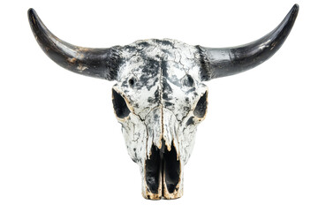 Weathered buffalo skull with large horns isolated on transparent background. showcasing rustic and natural elements.