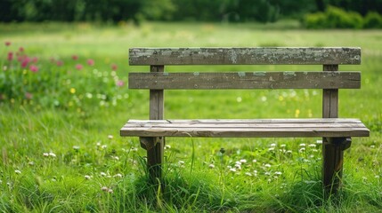 Rustic wooden bench surrounded by vibrant wildflowers in a serene green field, inviting moments of peace and reflection amidst nature's beauty.