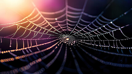Naklejka premium A close-up view of a spider web glistening with dew drops, illuminated by soft light, showcasing intricate patterns and textures.