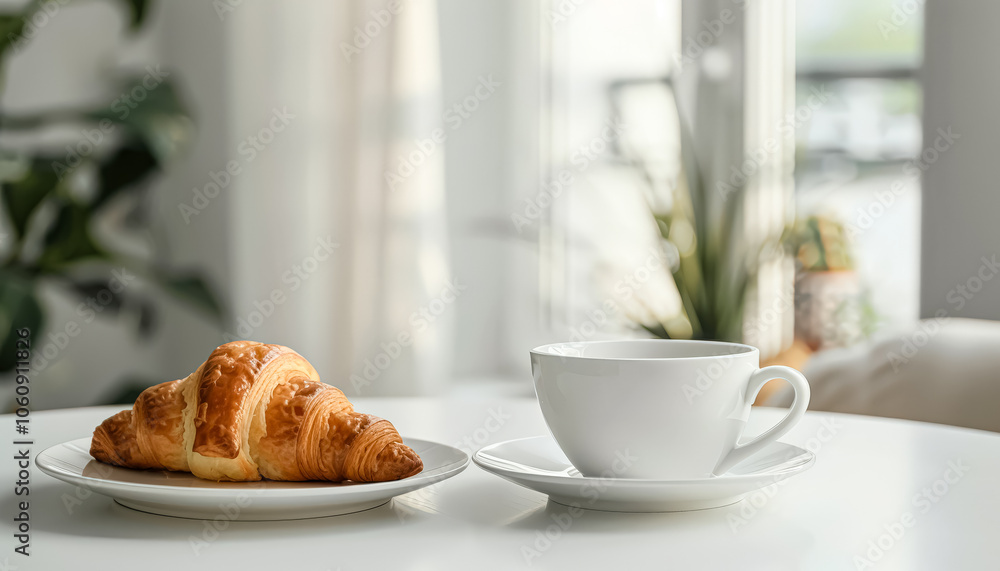 Poster croissant is on a napkin next to a coffee cup. the napkin is on a table with a window in the backgro