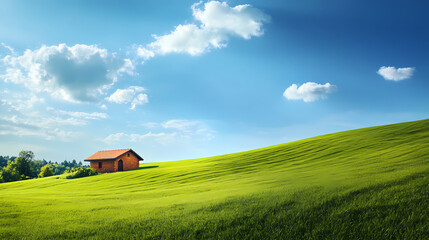Obraz premium Scenic hillside with a small house under a clear blue sky and lush green grass. Lush Hillside. Illustration