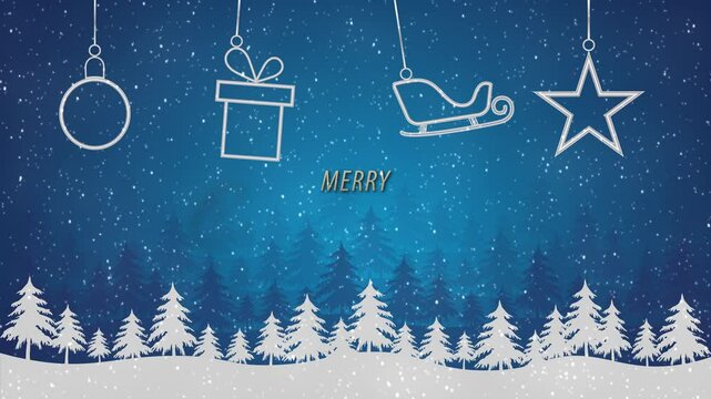 Set of 2 "Merry Christmas" animations with trees and a winter forest landscape against a blue night sky with swinging ornaments and falling snow effect, gold and silver colored version