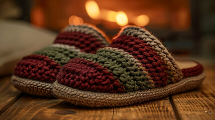 Fototapeta premium A pair of handcrafted crochet slippers in deep burgundy and olive green, designed with thick yarn and a comfortable sole, placed on a wooden background.