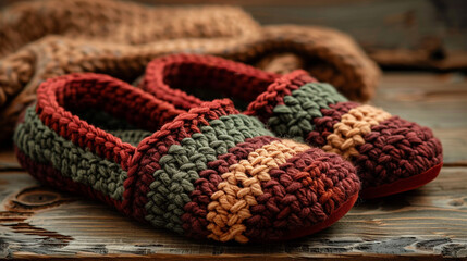 Obraz premium A pair of handcrafted crochet slippers in deep burgundy and olive green, designed with thick yarn and a comfortable sole, placed on a wooden background. 