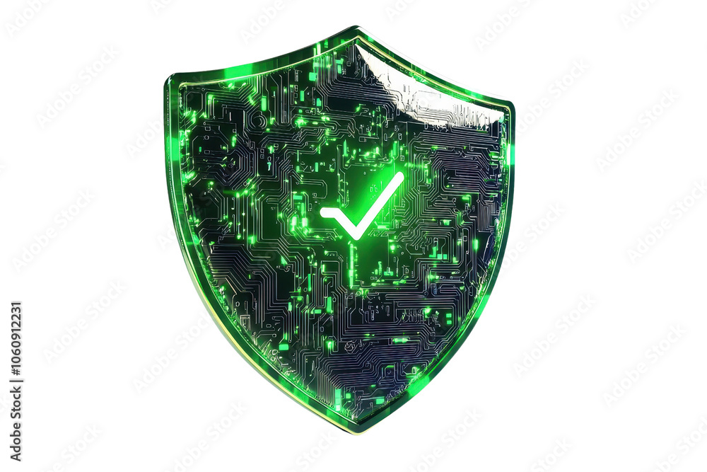 Poster glowing green digital shield with check mark, representing cybersecurity and data protection against