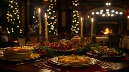 A beautifully decorated table with candles, food, and Christmas decorations.
