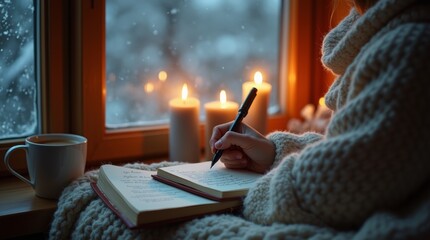 Close-up of a person writing in a journal, sitting by the window with snow falling outside, cozy winter ambiance, warm blanket and candlelight, cup of hot cocoa beside them