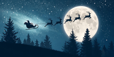 A silhouette of Santa Claus flying in his sleigh pulled by reindeer against a backdrop of a full moon, stars, and a forest.

