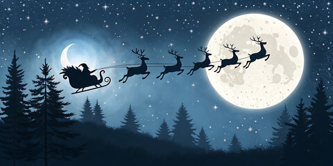 Silhouetted Santa Claus flies in his sleigh pulled by reindeer against a backdrop of a full moon and a starry night sky, with evergreen trees in the foreground.