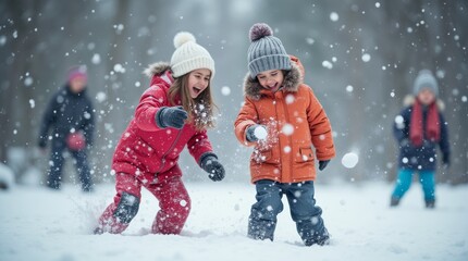 kids having a snowball fight in a winter wonderland, snowflakes falling, bright winter clothes, playful and energetic scene