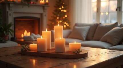close-up of aromatherapy candles on a wooden table, soft flickering light illuminating a cozy winter living room, warm natural light from a nearby window, peaceful and calming atmosphere