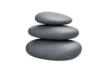 Three smooth black stones stacked for balance and serenity, symbolizing zen and relaxation in a minimalist setup on a transparent background.