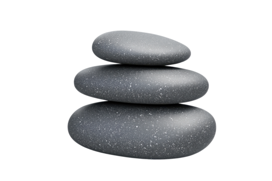Three smooth black stones stacked for balance and serenity, symbolizing zen and relaxation in a minimalist setup on a transparent background.