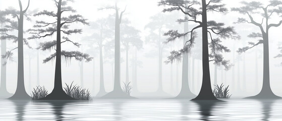 Obraz premium Paysage de bayou mystérieux et brumeux en illustration vectorielle pour écran large