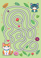 Cute Cat Maze Puzzle With Colorful Flowers and Leaves