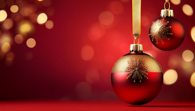 Tarjeta de felicitacion navide&ntilde;a roja con una bola de navidad colgando de una cinta dorada con reflejos dorados