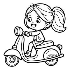 Happy Cartoon Girl Riding a Scooter Coloring Page