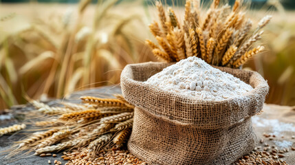Bag of white flour sits on a table next to a pile of wheat. The wheat is scattered around the bag, and the bag is made of burlap. Concept of abundance and natural beauty, as the wheat