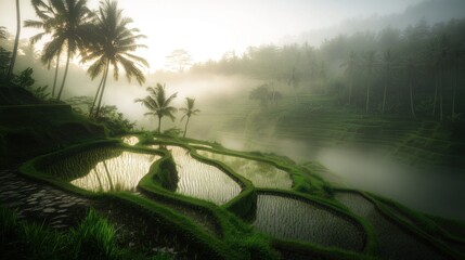 Misty sunrise over lush green rice terraces with palm trees in the foreground.