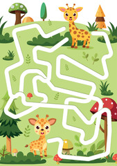 Cute Jungle Maze Puzzle Featuring Adorable Baby Giraffe