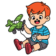 Happy Cartoon Boy Playing with Toy Airplane and Controller