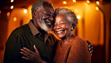 Tender couple of older afro american man and woman embracing lovingly while smiling with their eyes closed