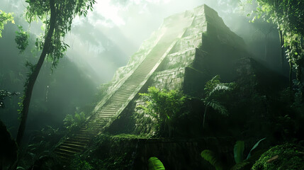 Fototapeta premium Mysterious jungle pyramid hidden deep in the rainforest, jungle, pyramid, ancient, mystery, exotic, adventure. Deep Jungle. Illustration