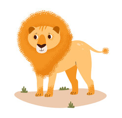 Lion on a safari journey. Lion in its natural habitat. Wild jungle animal. Flat vector savannah character isolated on white background