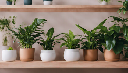 Fototapeta premium Indoor Plants on Wooden Shelf