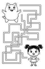 Cute Cartoon Cat and Girl with Maze Puzzle Activity