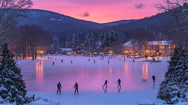 People ice skating on a frozen lake at dusk with a pink sky. - Powered by Adobe