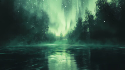 Northern lights background. green aurora lights reflected in water with copy-space. generative ai. Aurora Borealis Reflection. Illustration