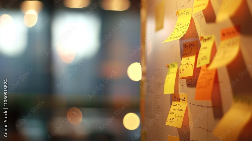 Poster creative workspace with sticky notes and charts