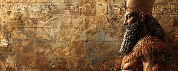 Detailed relief of Gilgamesh, the legendary Sumerian demigod, from ancient Mesopotamian culture. Free copy space for text.