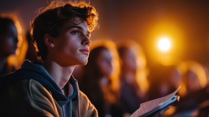 Focused Student Taking Notes in Bright Lecture Hall