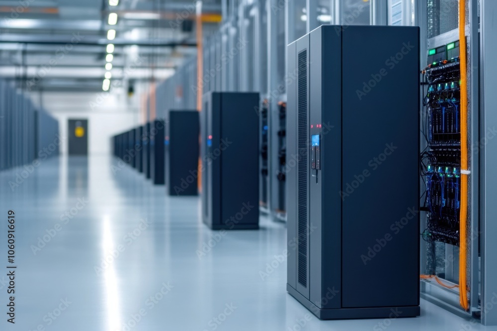 Poster a modern data center showcasing rows of sleek server racks with blinking indicators and organized ca
