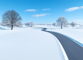 Obraz premium In a snowy morning, an alley with trees covered in snow can be seen