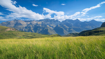 Obraz premium Majestic Mountain Range Under Clear Blue Sky with Verdant Field