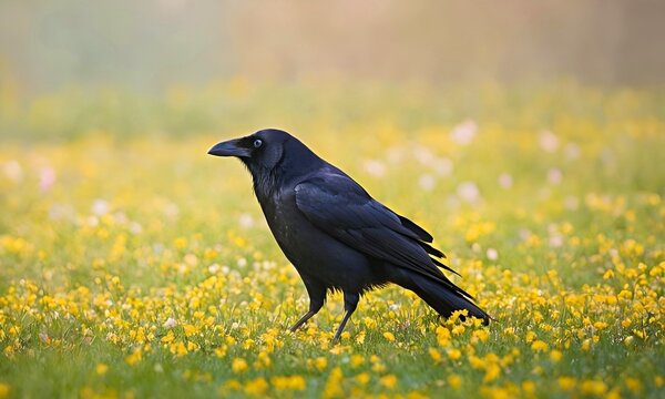 crow on a blooming green spring meadow