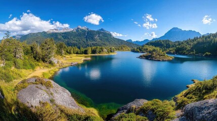 Obraz premium Scenic Mountain Vista over a Tranquil Lake