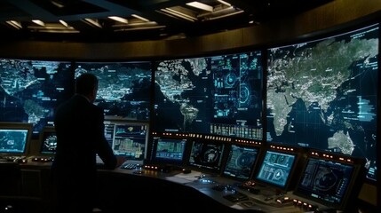 Naklejka premium Encryption_Codes_on_screen_with_low_soft_light_command_center_background_