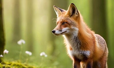 Obraz premium close up of fox against the background of blooming green spring forest